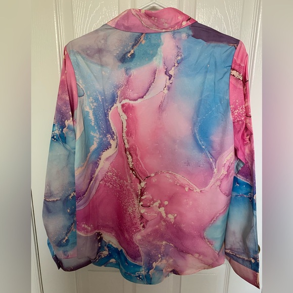 New Colourful Marble Print Satiny Long Sleeve Button Down Blouse/Shirt 🩷🩷 - Picture 3 of 9